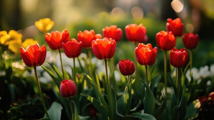Obraz premium Vibrant red tulips blooming in spring garden showcasing fresh life and colorful flora illuminated by soft sunlight