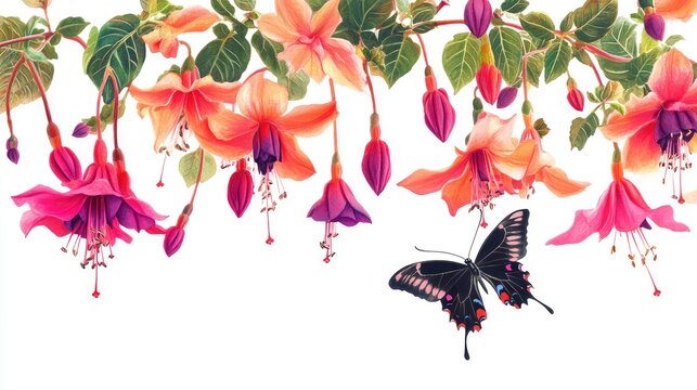 Vibrant Orange and Pink Fuchsia Floral Composition with Black Butterfly on Bright White Background in Lush Garden Setting
