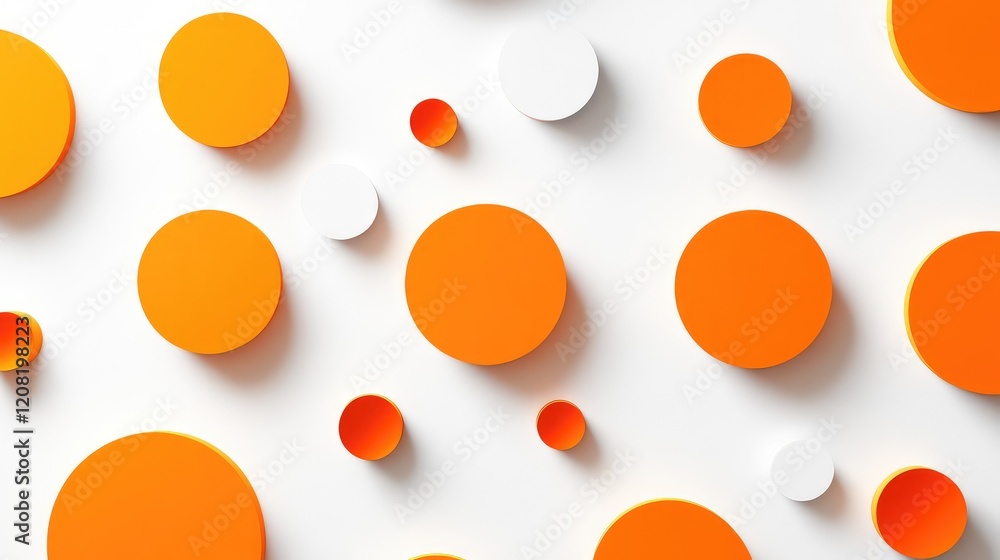 Poster abstract orange and white circular shapes with soft shadows on bright white background, top view com