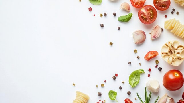 Single Ingredient Pasta alla Vimini Ingredients Arranged on White Background with Copy Space for Food Waste Awareness and Recipe Ideas - Powered by Adobe