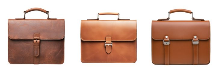 Three distinct leather briefcases showcasing varying designs, textures, and shades of brown.