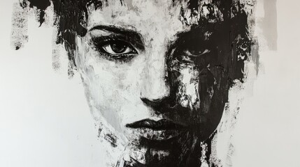 Monochrome artistic portrait featuring textured facial details and intense expression against a simple background, emphasizing contrast and depth.