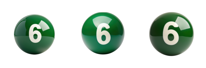 Three green billiard balls, each displaying the number six prominently on their surface.