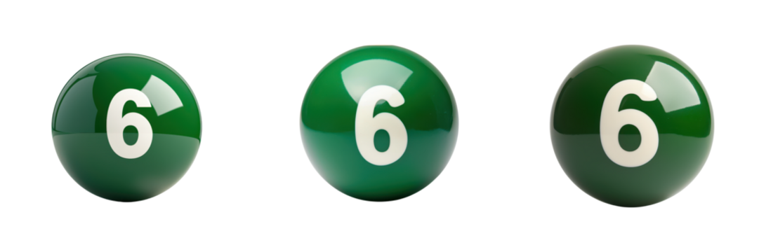 Three green billiard balls, each displaying the number six prominently on their surface.
