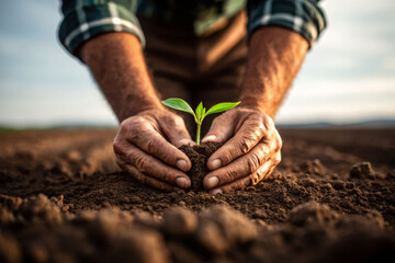 Close-up of farmer's hands planting a seed for growth in fertile soil rural landscape nature concept