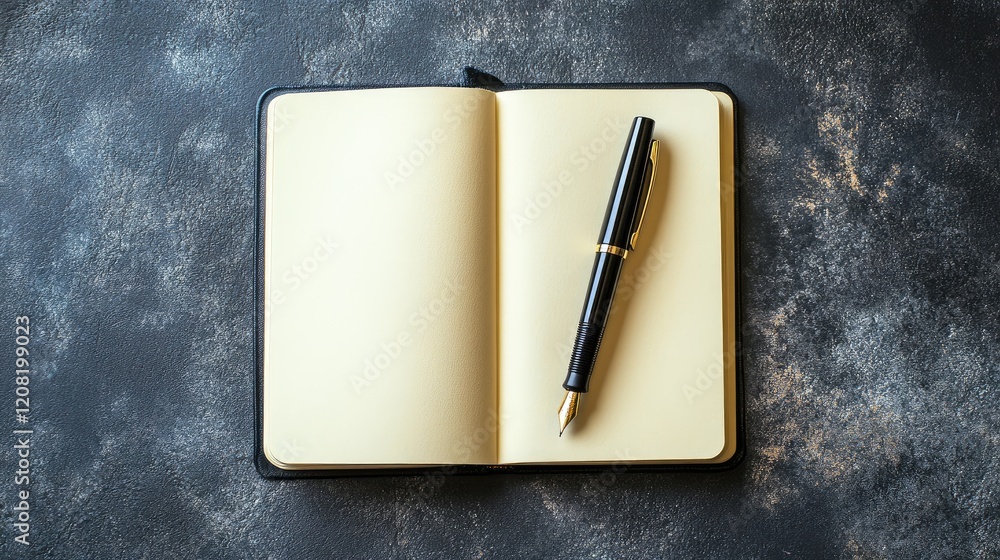 Poster open notebook with fountain pen on dark slate background showcasing creative note taking and writing
