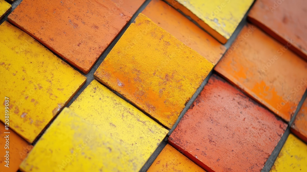 Poster colorful overlapping orange and yellow textured tiles on a surface in a contemporary setting enhanci