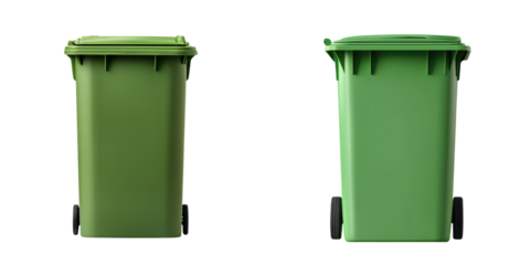 Two green trash bins with lids, positioned side by side.