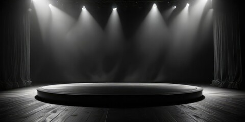 An empty stage bathed in a single spotlight on a dark backdrop, singularity, isolation