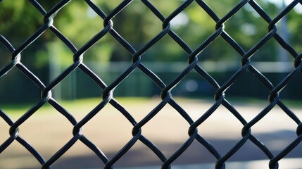 Fototapeta premium New steel wire mesh fence enhancing security and visibility at a sports court with a blurred background of green surroundings.