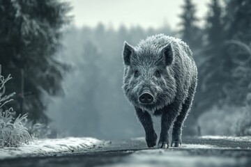 A huge wild boar walks along a mountainous road in snowy weather. The frozen ice crystals on it emit a glow. The boar is seen from the front. 
