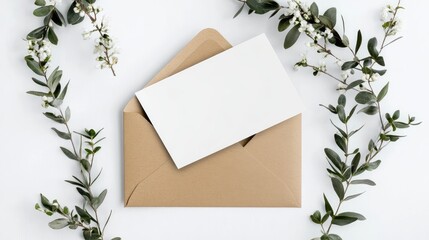 Elegant open greeting card mockup with blank white cover and kraft envelope surrounded by greenery on a clean white background