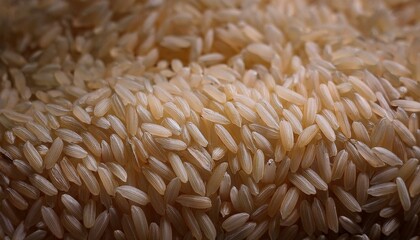 Pile of raw brown rice seeds s background.