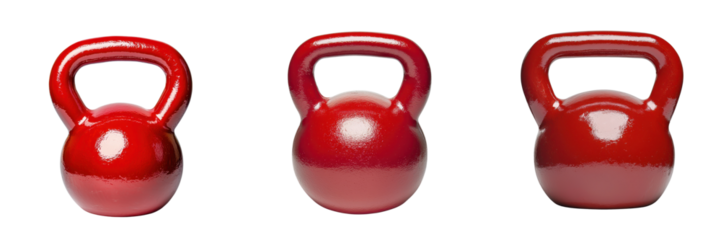 The image features a trio of shiny red kettlebells with varying designs, showcasing their distinctive shapes and handles.