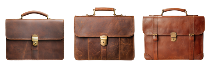 Three classic leather briefcases in varying shades, featuring distinct metal clasps and sturdy handles.