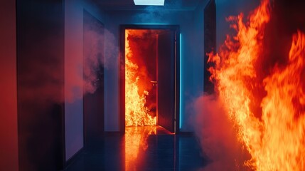 Fototapeta premium Fire Emergency Scene with Open Door and Smoke in Dark Corridor Displaying Intense Flames and Dangers of Fire Hazards