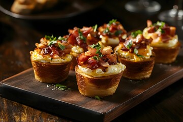Delicious savory snacks topped with bacon and herbs served on a wooden platter