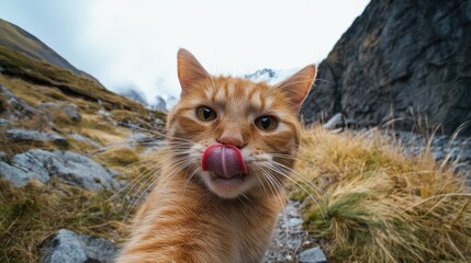 Obraz premium Playful orange cat licking lips in a comical selfie pose surrounded by rocky terrain and grass, capturing a lighthearted moment for pet enthusiasts.