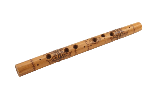 Bolivian bamboo flute isolated on white background with delicate craftsmanship and intricate carvings, music, instrument