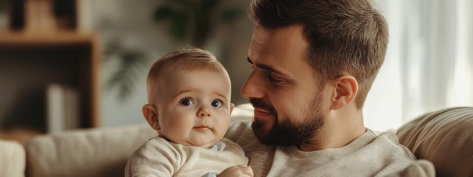 Close up of caring grandfather with 9 month old grandson sharing playful moments indoors natural light soft colors empty space for text