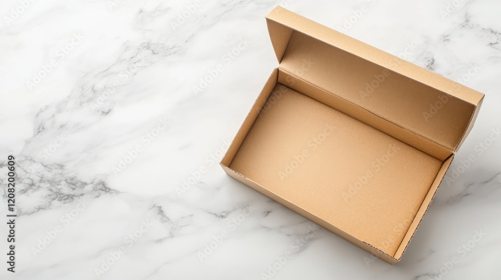 Poster empty open cardboard box displayed on elegant white marble surface ideal for packaging and creative 