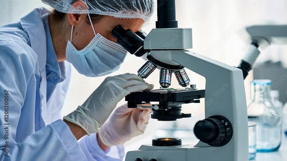 Poster the scientist using microscope