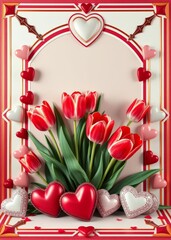 Obraz premium Valentine's day card, heart-shaped frame, red tulips, romantic composition, white background, red ribbons, cupid's arrows, ornate border, vintage style, soft lighting, floral arrangement, love theme, 