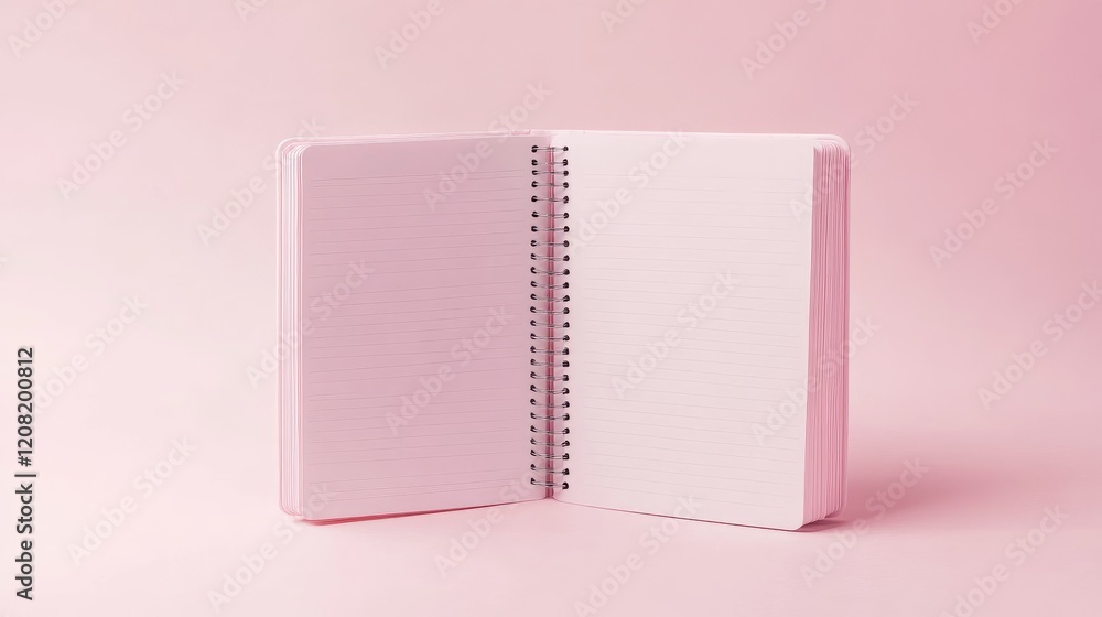 Aufkleber open spiral notebook mockup with empty lined pages set against a soft pastel pink background for cre