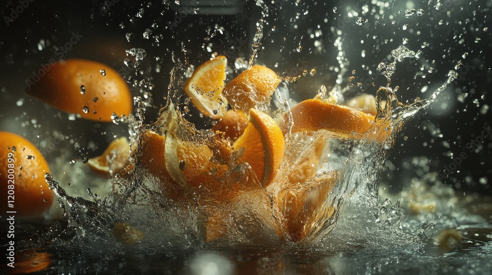 Poster Vibrant orange fruits and sliced segments splashing dynamically into clear water with droplets and a dark background creating an energetic scene.