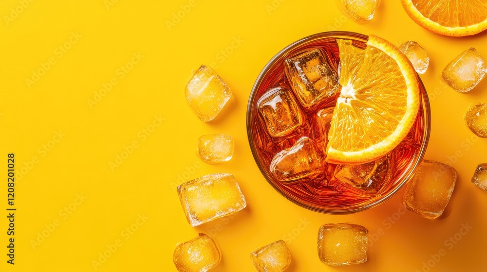 Poster orange cocktail with ice cubes and orange slice on bright yellow background top view flat lay ample 