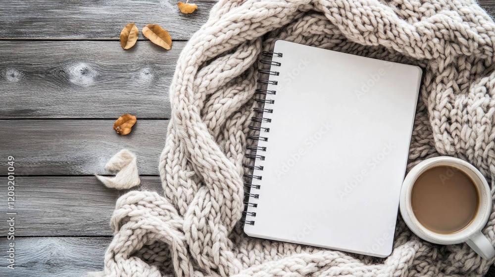 Poster cozy setting with an open notebook surrounded by a knitted blanket and a cup of coffee on a rustic w