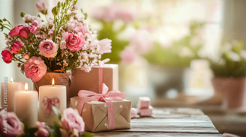 Poster a table is set with candles and flowers, creating a warm and inviting atmosphere. the candles are li