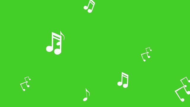 Animated white notes fly from bottom to top on a green background. Concept of music, song, melody