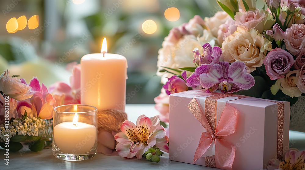 Poster a table is set with candles and flowers, creating a warm and inviting atmosphere. the candles are li