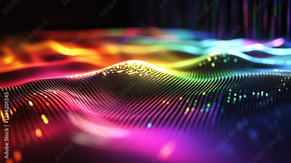 Poster colorful optical vibration analysis abstract with shining particles in gradient waves of rainbow hue
