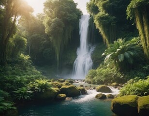 There is a beautiful waterfall located in the middle of a lush green forest