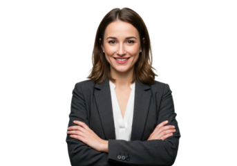 A confident woman with shoulder-length brown hair, wearing a dark gray blazer and white blouse, arms crossed isolated on transparent background