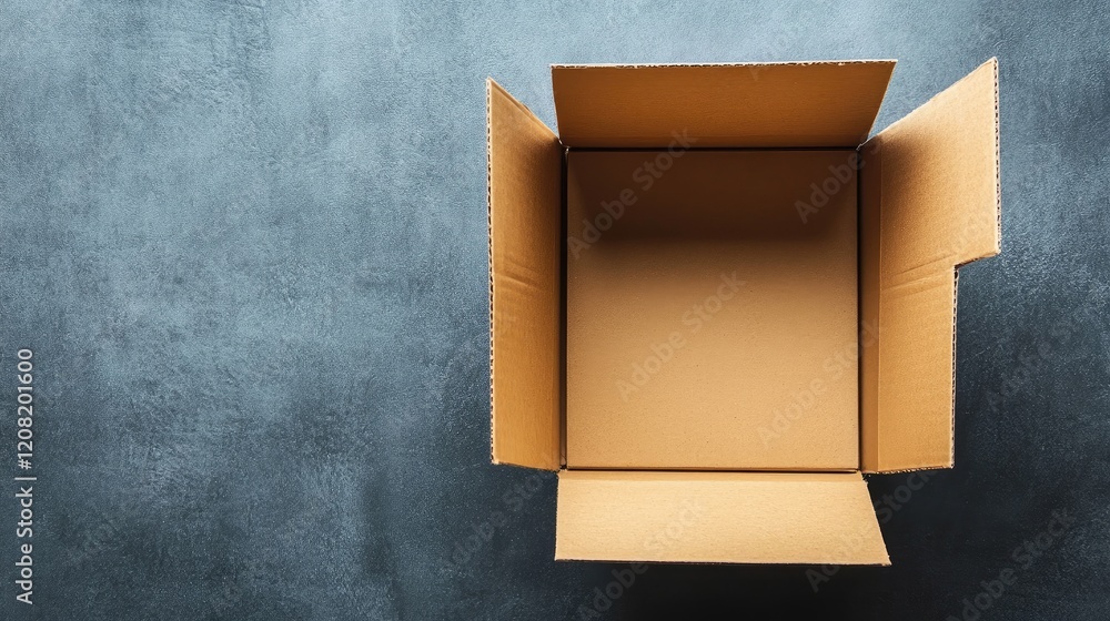Poster empty cardboard box with open flaps on a textured gray background for packaging and shipping concept