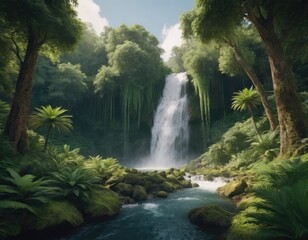 There is a beautiful waterfall located in the middle of a lush green forest