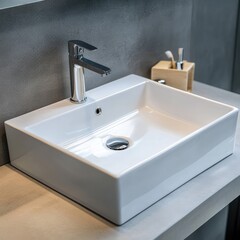 Fototapeta premium Contemporary white rectangular sink with chrome faucet on sleek gray countertop in modern kitchen interior featuring minimalist design and clean lines