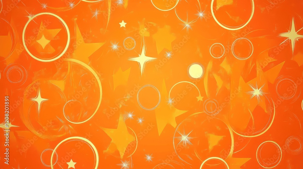 Poster vibrant orange abstract background with glittering stars and circles in varying sizes and soft glow 