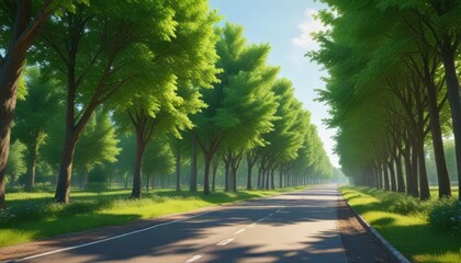 Obraz premium Avenue lined with vibrant green trees in summer , nature's embrace, tree-lined avenue, serene atmosphere