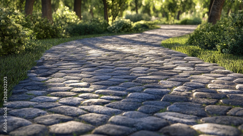Poster winding pathway made of cobblestone surrounded by lush greenery in a serene construction setting