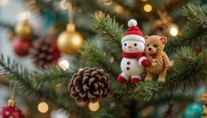 Very beautiful soft Christmas tree toys in retro style on a decorated Christmas tree with pine cones
