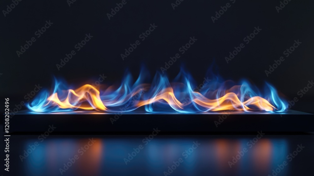 Poster flames dancing on an open gas burner in a dark setting capturing heat and energy variations