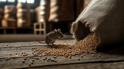 Mouse eating soybeans from torn sack in warehouse