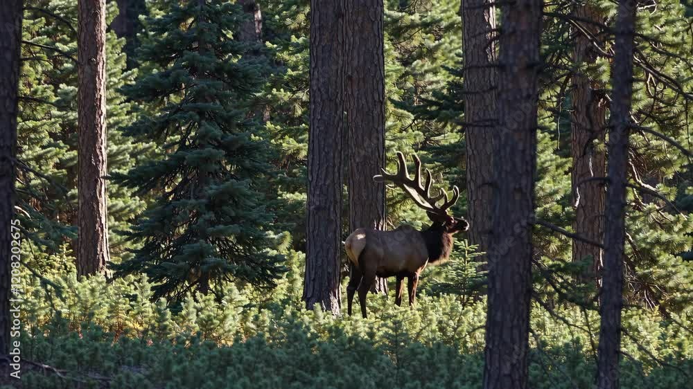 Poster elk in a dense forest with sunlight filtering through the trees. wildlife and nature exploration con