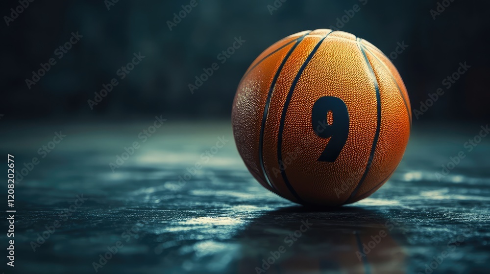 Aufkleber close-up of an orange basketball marked with number 9 on a dark studio background with subtle reflec