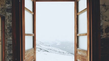 Sunny Open Doorway Framing Winter Landscape with Snow-Covered Mountains in Clear Bright Light