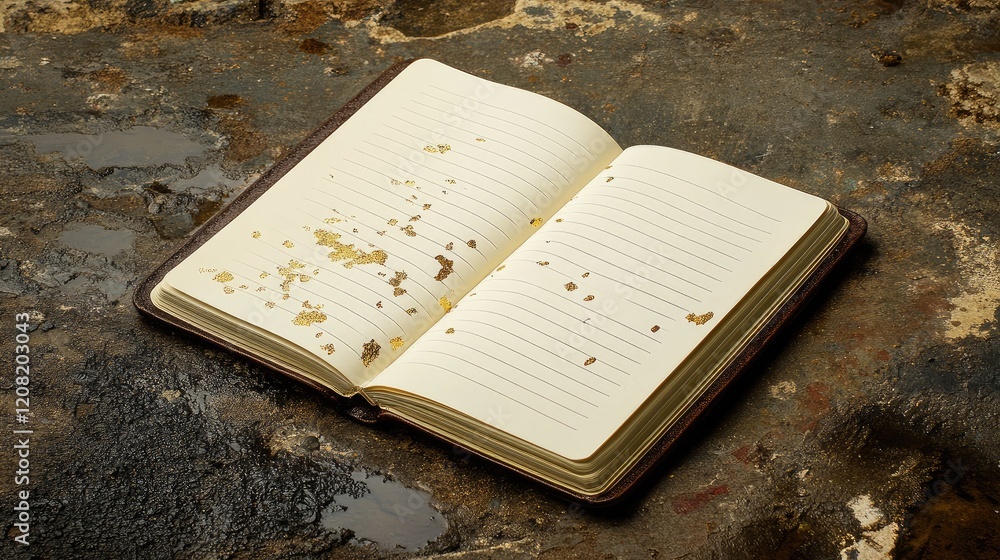 Poster Open luxurious notebook on textured surface with golden paint drops creating an elegant and artistic atmosphere for creative projects